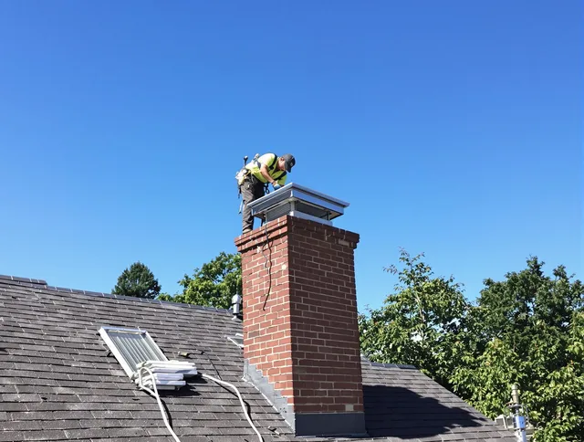 Wilmington Chimney Sweep technician measuring a chimney cap in Wilmington, MA