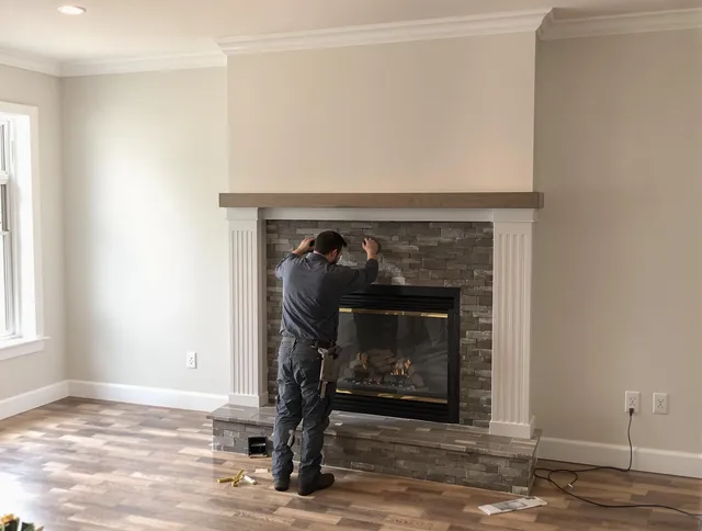 Wilmington Chimney Sweep finishing a custom fireplace install in Wilmington, MA